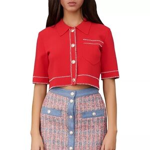 Maje Embroidered Crop Cardigan Sweater Red Knit Top with White Accents